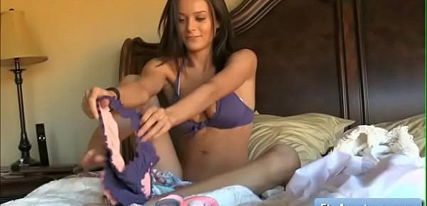  Amazing natural big tit brunette teen Lana put some sexy purple lingerie on her and reveal her smoking hot body
